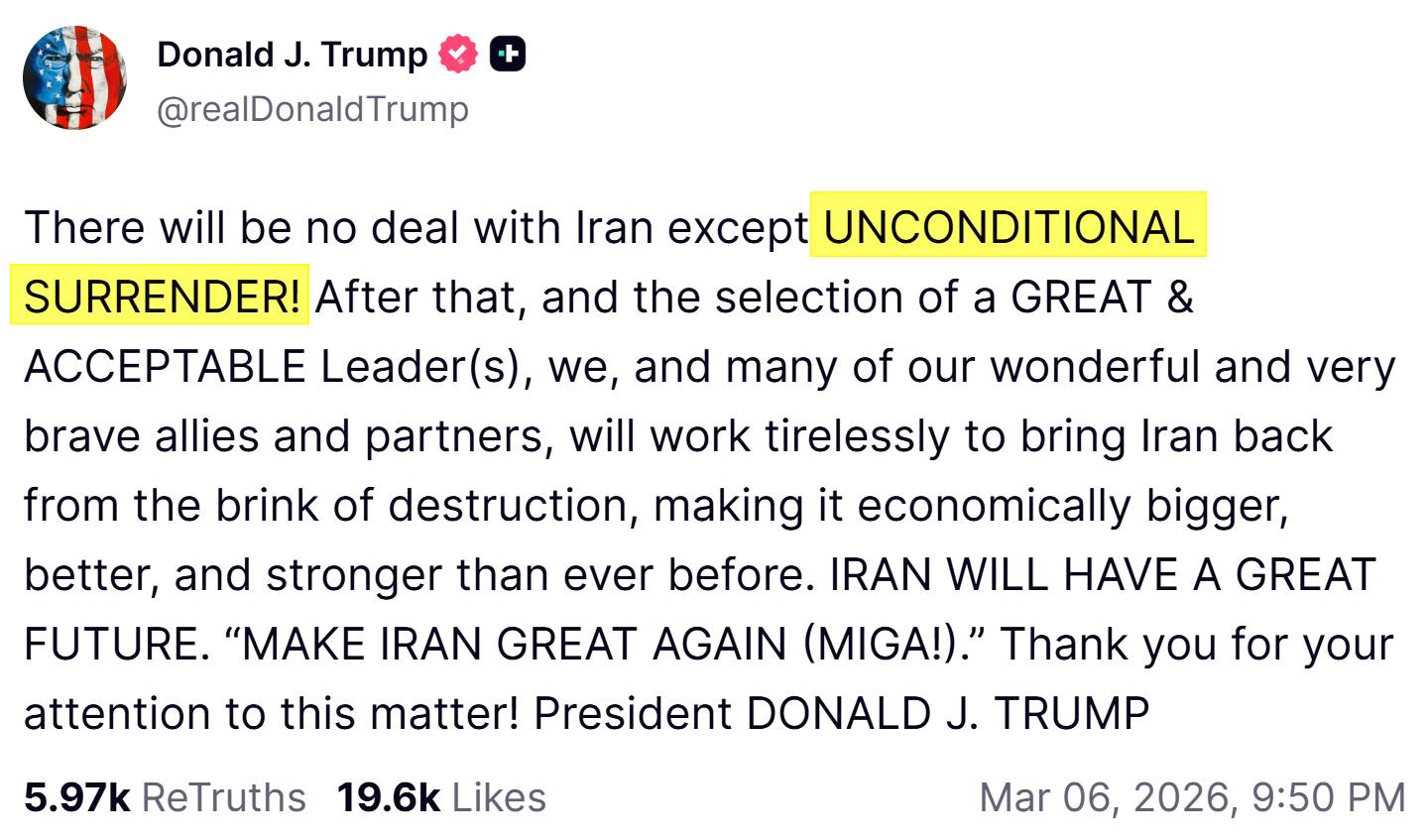 川普要求伊朗「無條件投降」！之後會幫伊朗找個好的領導群，重建經濟，變得更強更大。