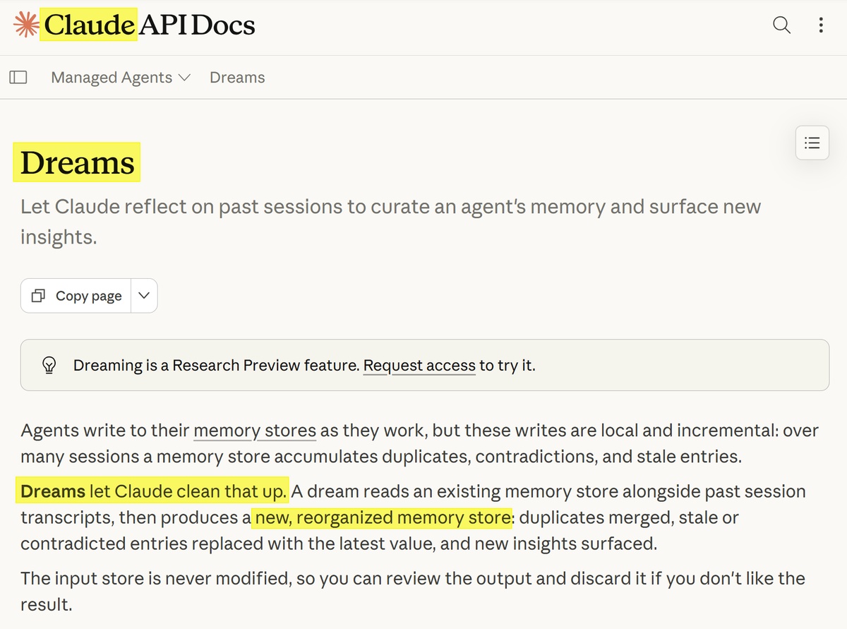 Anthropic Claude API Docs：Managed Agents 的 Dreams 功能說明頁，agent 在閒置時整理過往對話形成長期記憶